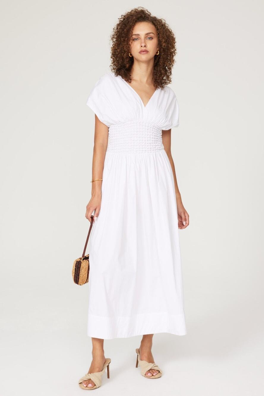 Staud Jackson White Smocked V-Neck Short Sleeve A-Line Midi Dress Size Large